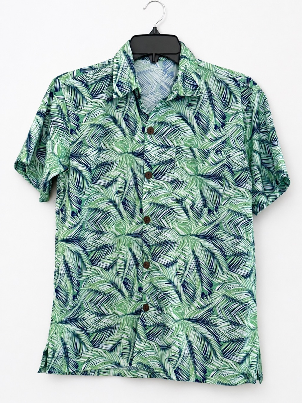 Coral Boys 12 Hawaiian Aloha Shirt Green Blue Tropical Leaf Print Short Sleeve